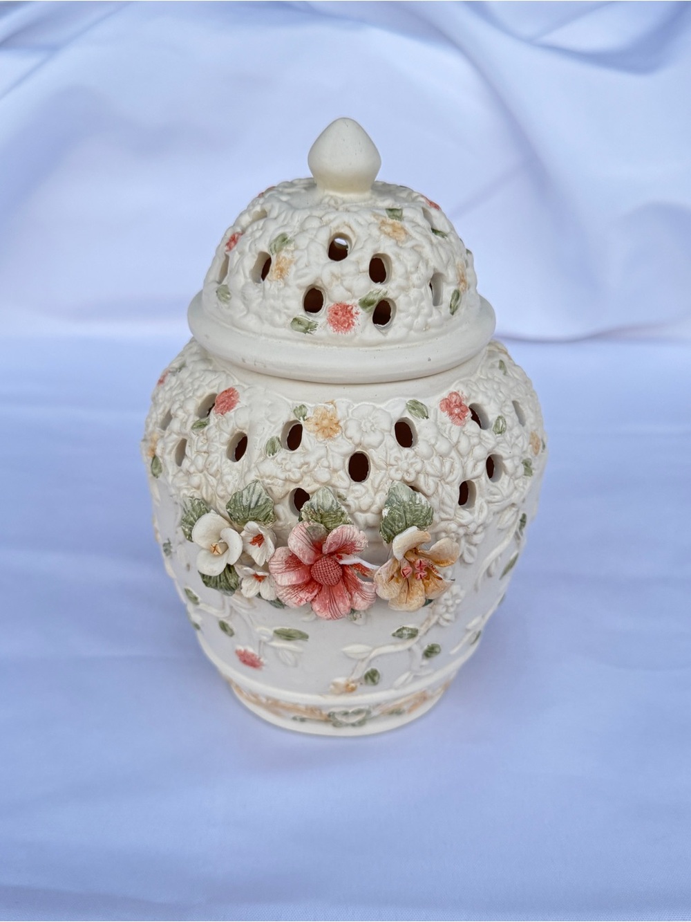 Floral Pierced Ceramic Ginger Jar with Lid | Vintage-Inspired Cottagecore Decor